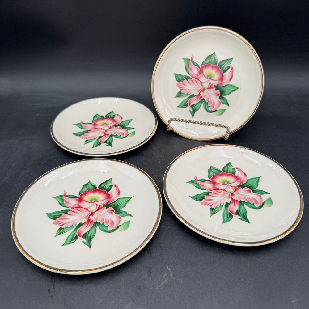 Vtg Plates Bread & Butter (4) Modern Orchid by Paden City Pottery 22K Gold Rim